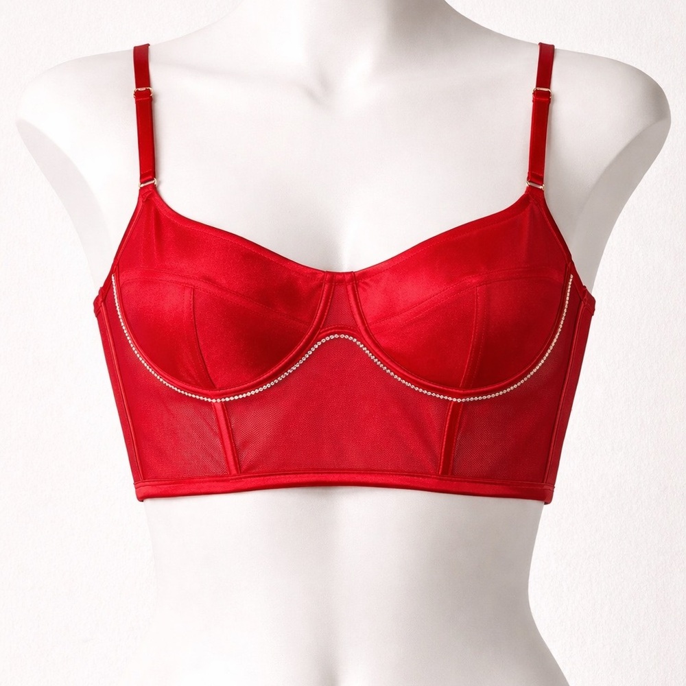 Red Satin Bustier Bra | Rhinestone Trim | Strappy Bralette | Sexy Lingerie